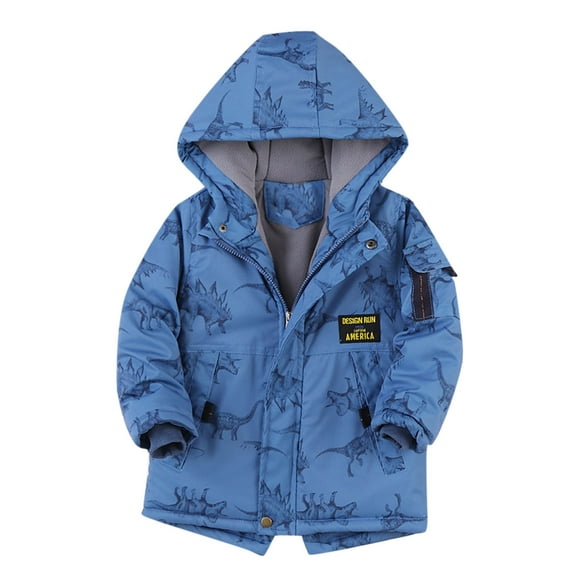 PINQI Kids Boys Girls Winter Thicken Coat with Pocket Cartoon Dinosaur Prints Hooded Jacket Toddler Long Sleeve Windproof Thick Warm Outwear(Blue,9-10 Years)