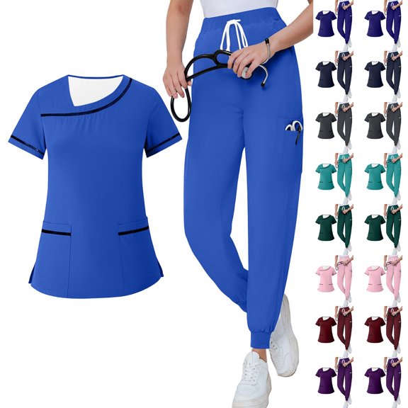 Minjewel Women's Asymmetric Collar Short Sleeve Scrubs for Women Set with Pockets, Stylish & Functional Scrub Set for Healthcare Workers,Blue L