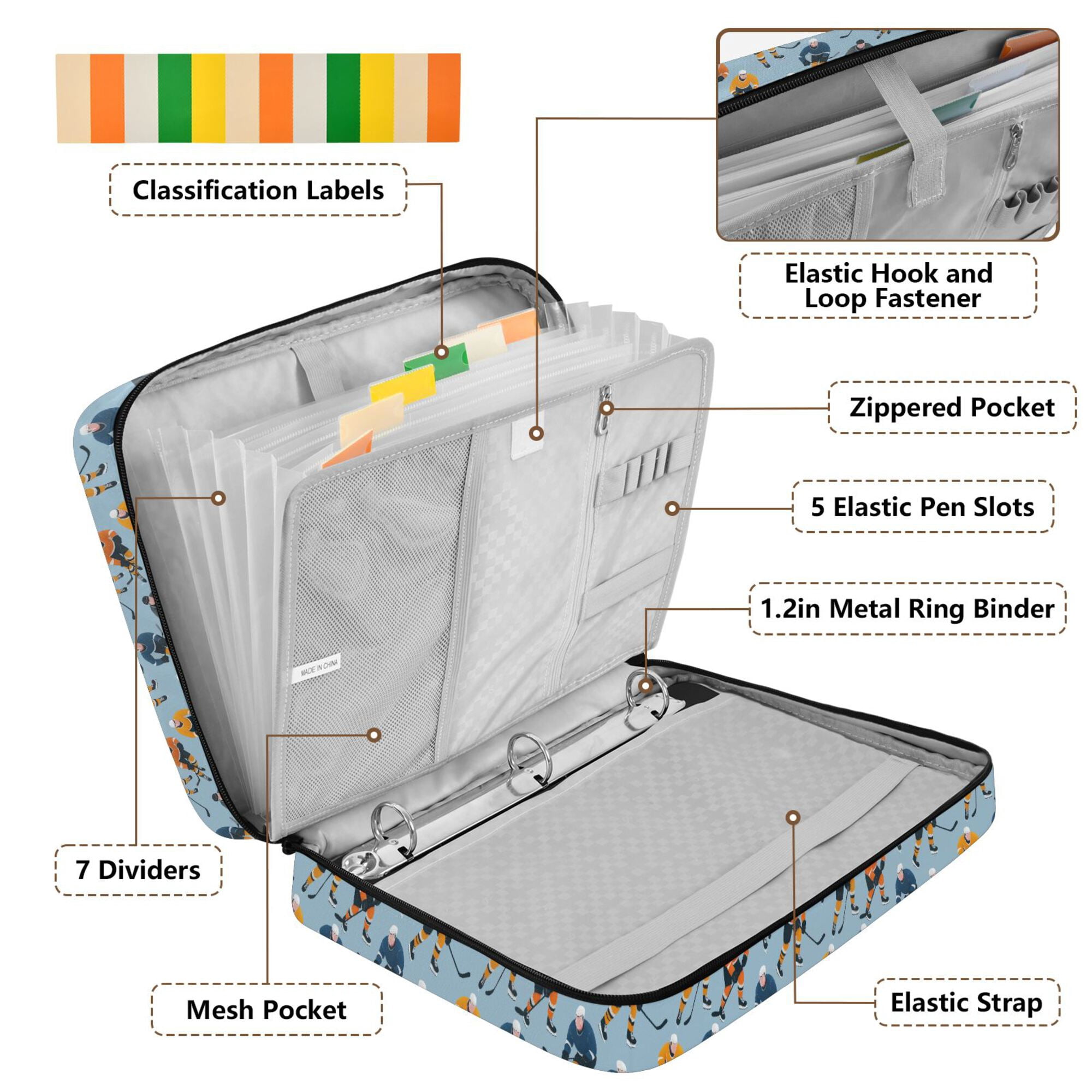 FORMRS Accordion File Folder A4 Size 7-Pocket Expanding Document Organizer Bag with 3 Ring Binder, Cartoon Hockey Pattern