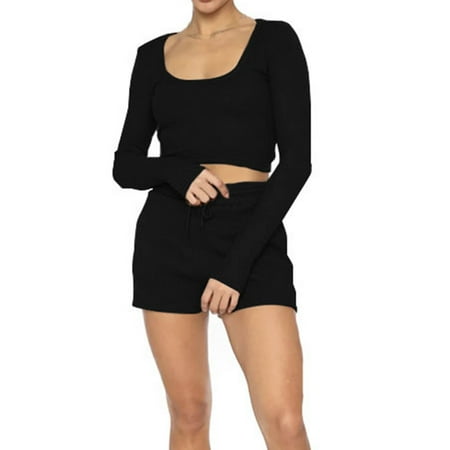 

Womens 2 Piece Outfits Long Sleeve U Neck Crop Top and Shorts Matching Lounge Set Loungewear Sweatsuit Pajama Set
