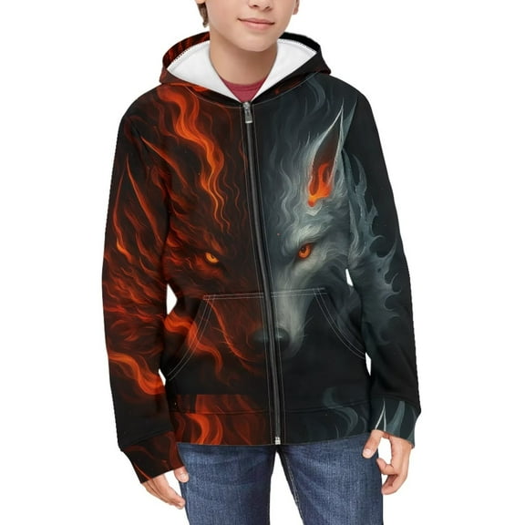 Chaqlin Flame Cool Wolf Boys Casual Zip Up Jacket Hooded Long Sleeve with Pockets Lightweight Sporty Top Kids Size 8-10