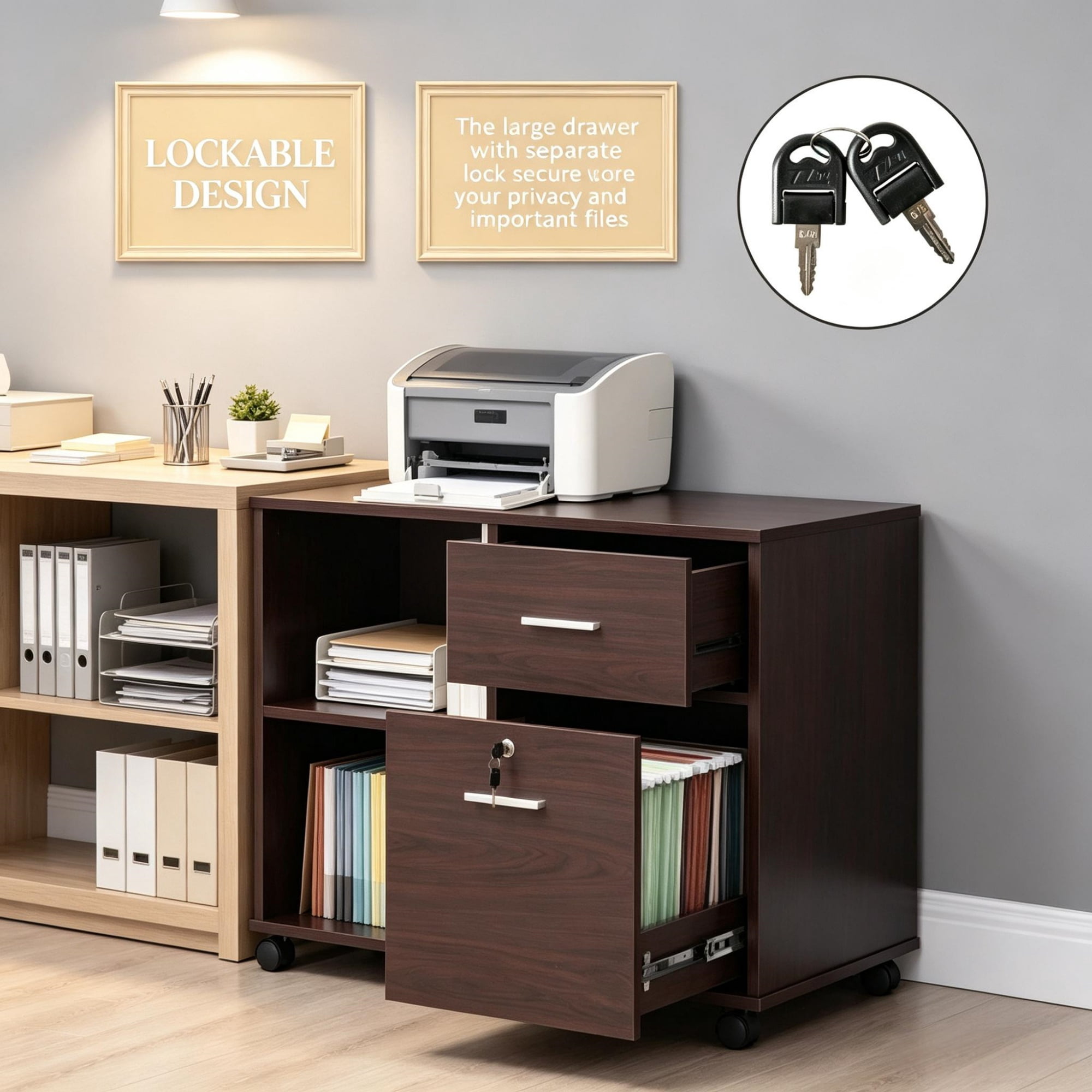 Printer Cabinet with Lockable Drawer and Rolling Casters for Office