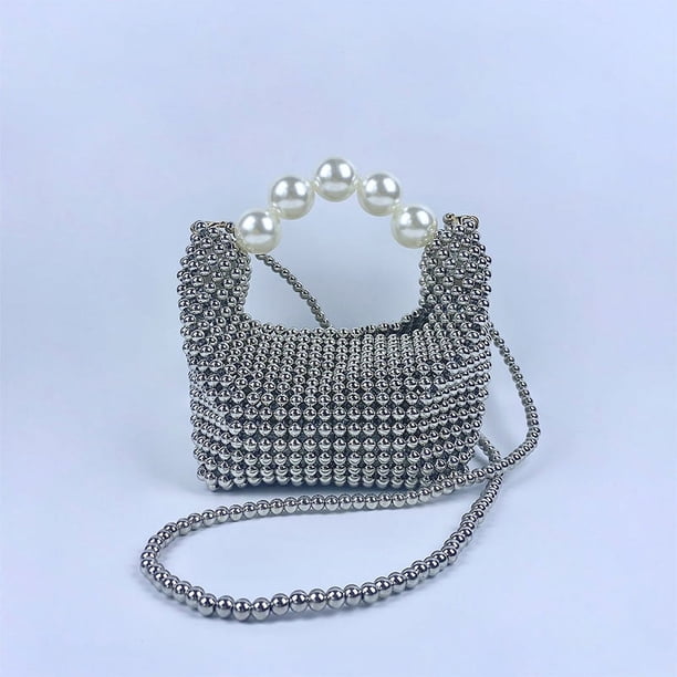 Xiao Hua Bolso de hombro tejido para mujer, bolso de mano y neceser, elegante bolso de playa de verano, 14 x 11 x 15 cm (plateado).