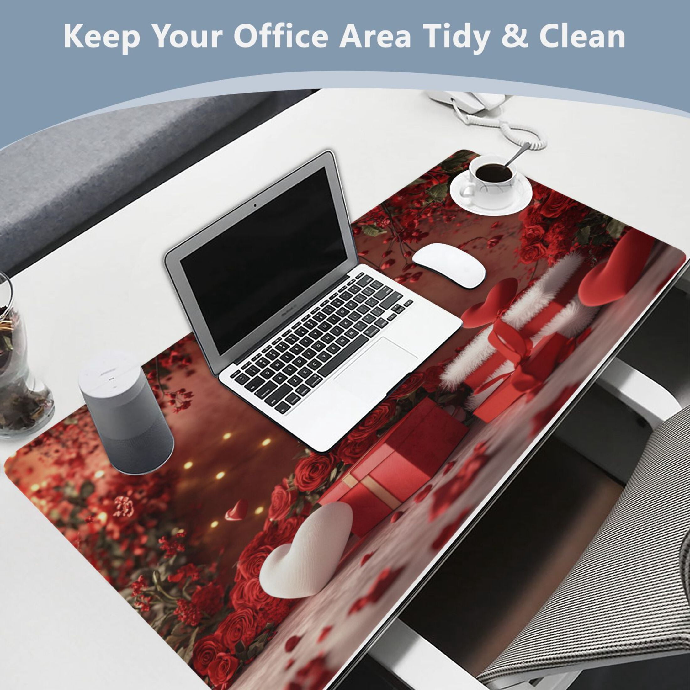 Leather Keyboard and Mouse Desk Mat Office Desk Accessories Protective Office Desk Decor Desk Pad Mat for Gaming, Work from Home, Office Red Roses and Heart Balloons 23.6" x 47.2"