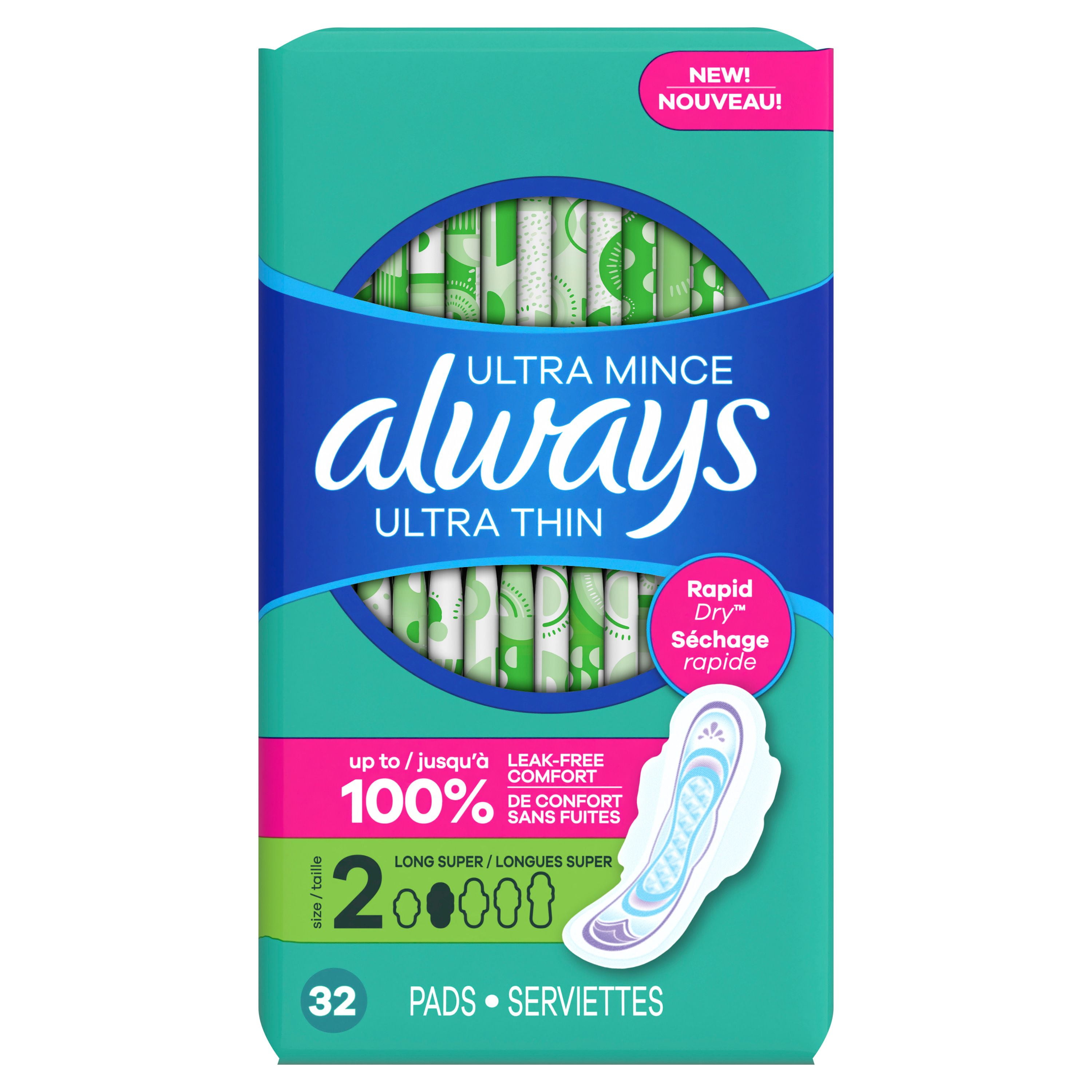 Always Ultra Thin Feminine Pads with Wings for Women, Size 2, Long Super Absorbency, Unscented, 32 Count
