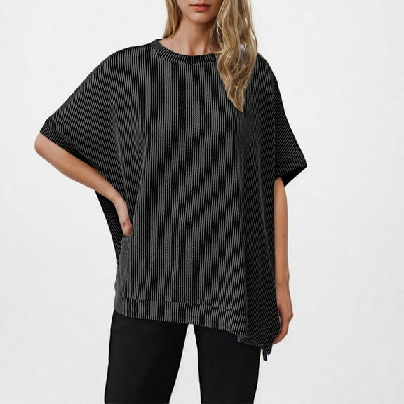ECZHAW Ribbed Womens Summer Tops Trendy Batwing Short Sleeve Casual Oversized Tshirts,