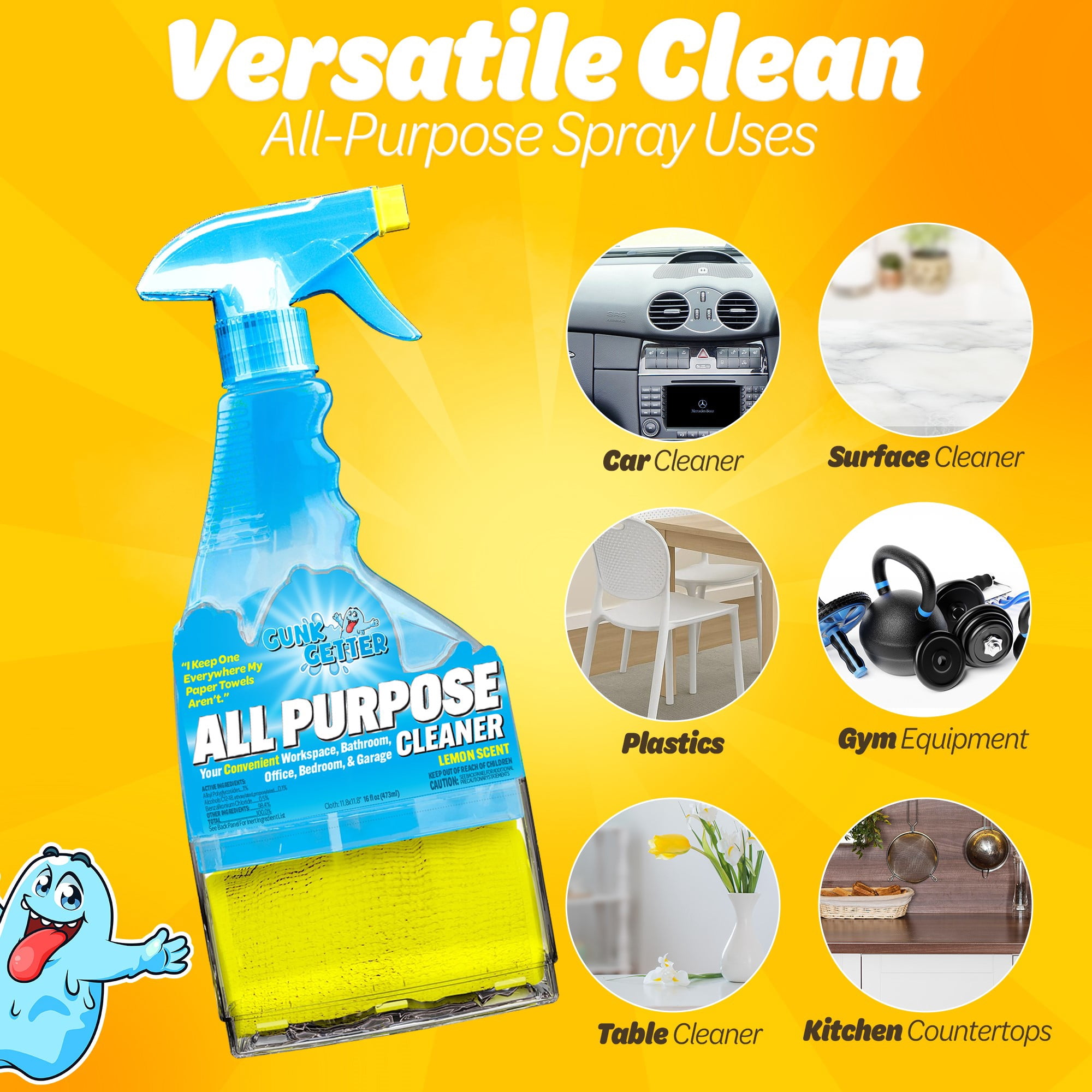 Gunk Getter - Spray Bottle with Microfiber Cap - All Purpose Cleaner 16 fl oz - Lemon Scent