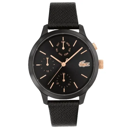 Lacoste 12.12 2001153 Chronograph Rose Gold Black Dial Leather Band Womens Watch