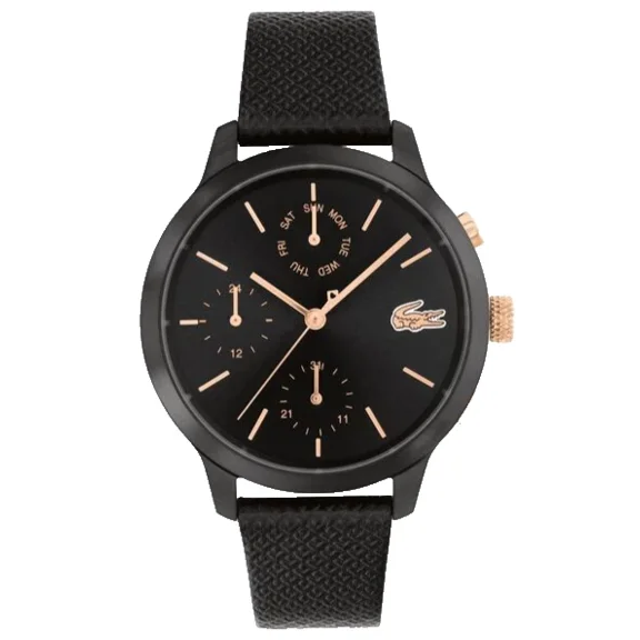 Lacoste 12.12 2001153 Chronograph Rose Gold Black Dial Leather Band Womens Watch