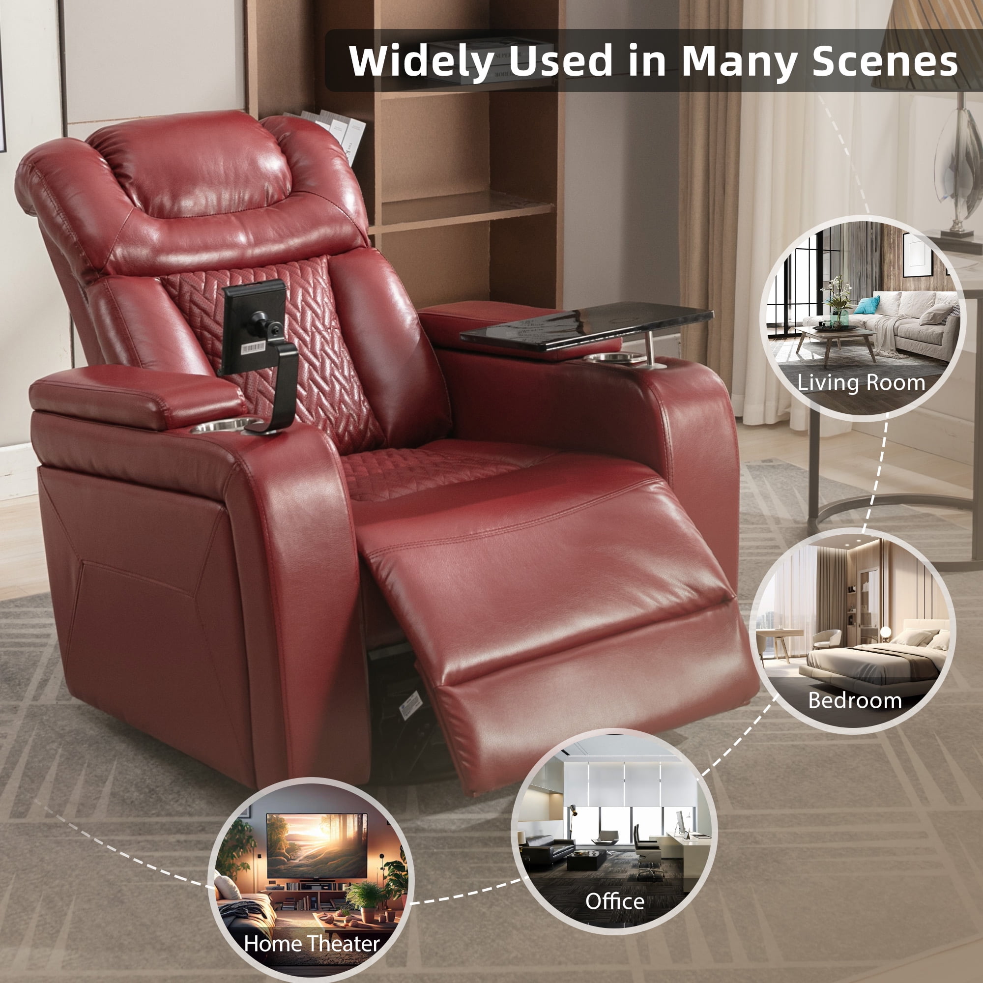 Euroco 270 Degree Swivel PU Leather Power Recliner Individual Seat Home Theater Recliner with Tray Table, Phone Holder, Cup Holder, USB Port, Hidden Arm Storage for Living Room, Red