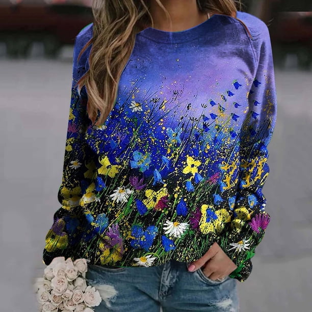 Pntutb, camiseta de manga larga holgada con cuello redondo y estampado de flores informal a la moda de verano para mujer, blusa, jersey Pntutb Pntutb-1907
