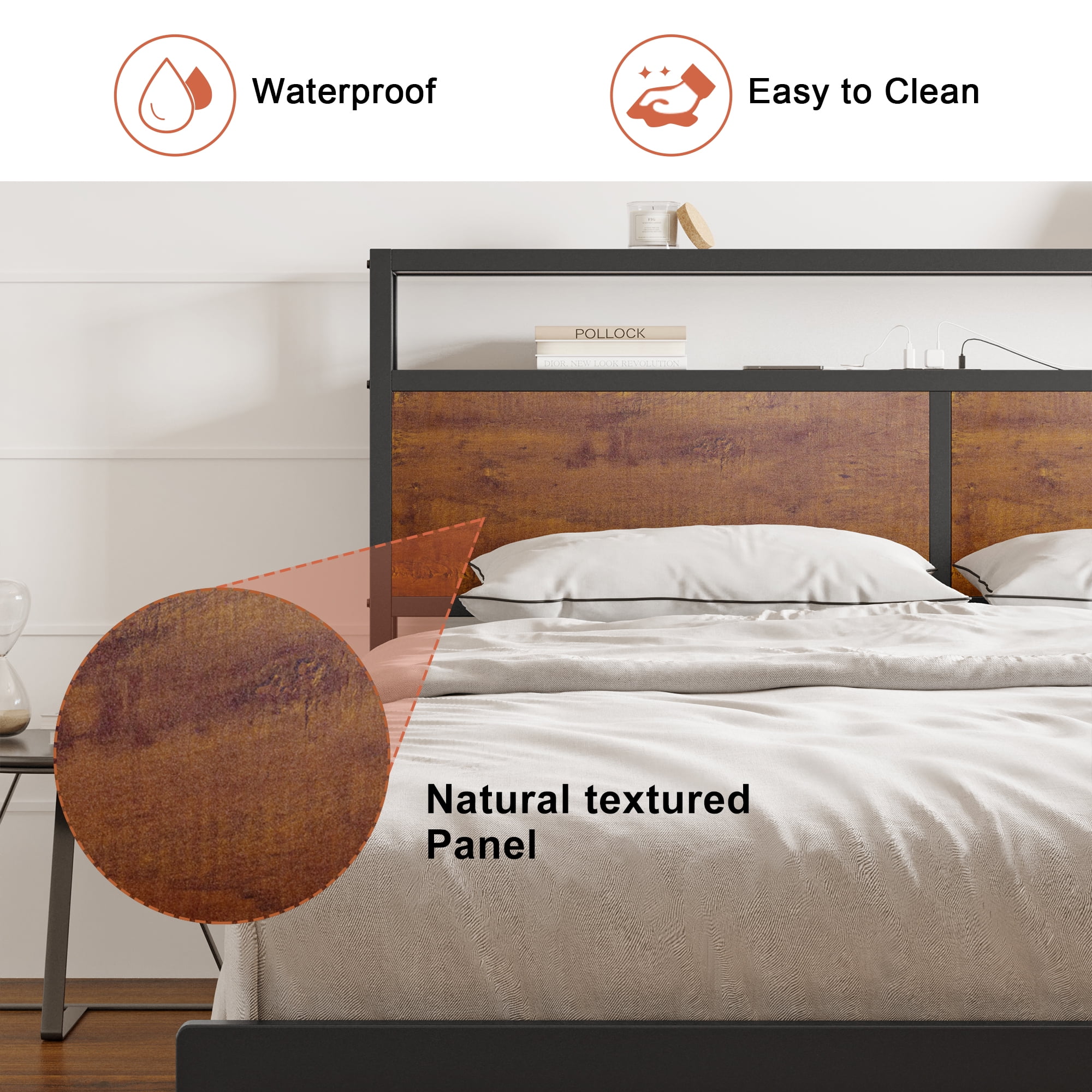 GUNAITO Queen Bed Frame with Headboard Metal Platform Bed with LED Lights and Charging Station, Rustic Brown
