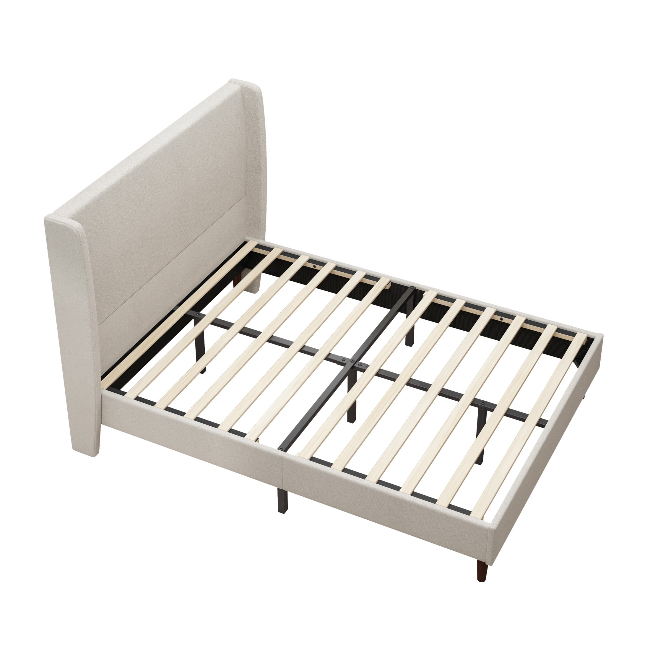 Ember Queen Size Platform Bed Frame with Chenille Upholstered Headboard, No Box Spring Needed, Beige