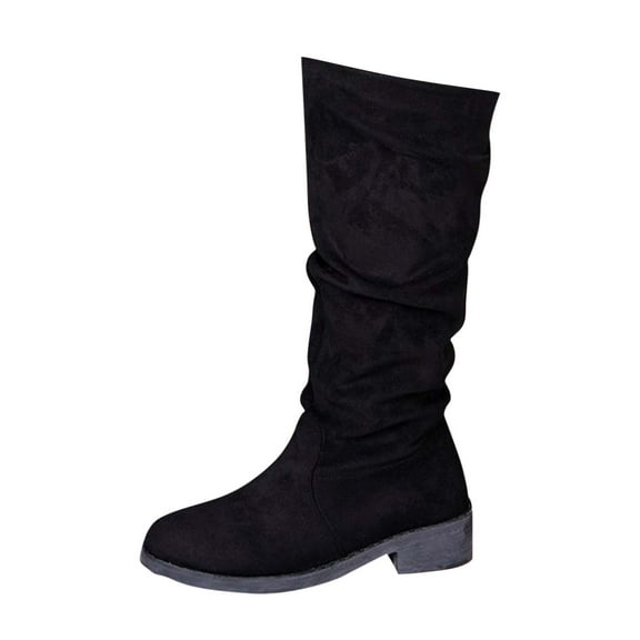 Xfvqtps Slouchy Boots for Women Winter Fashion Suede Chunky Heel Mid Calf Boots Casual Low Heel Booties Black