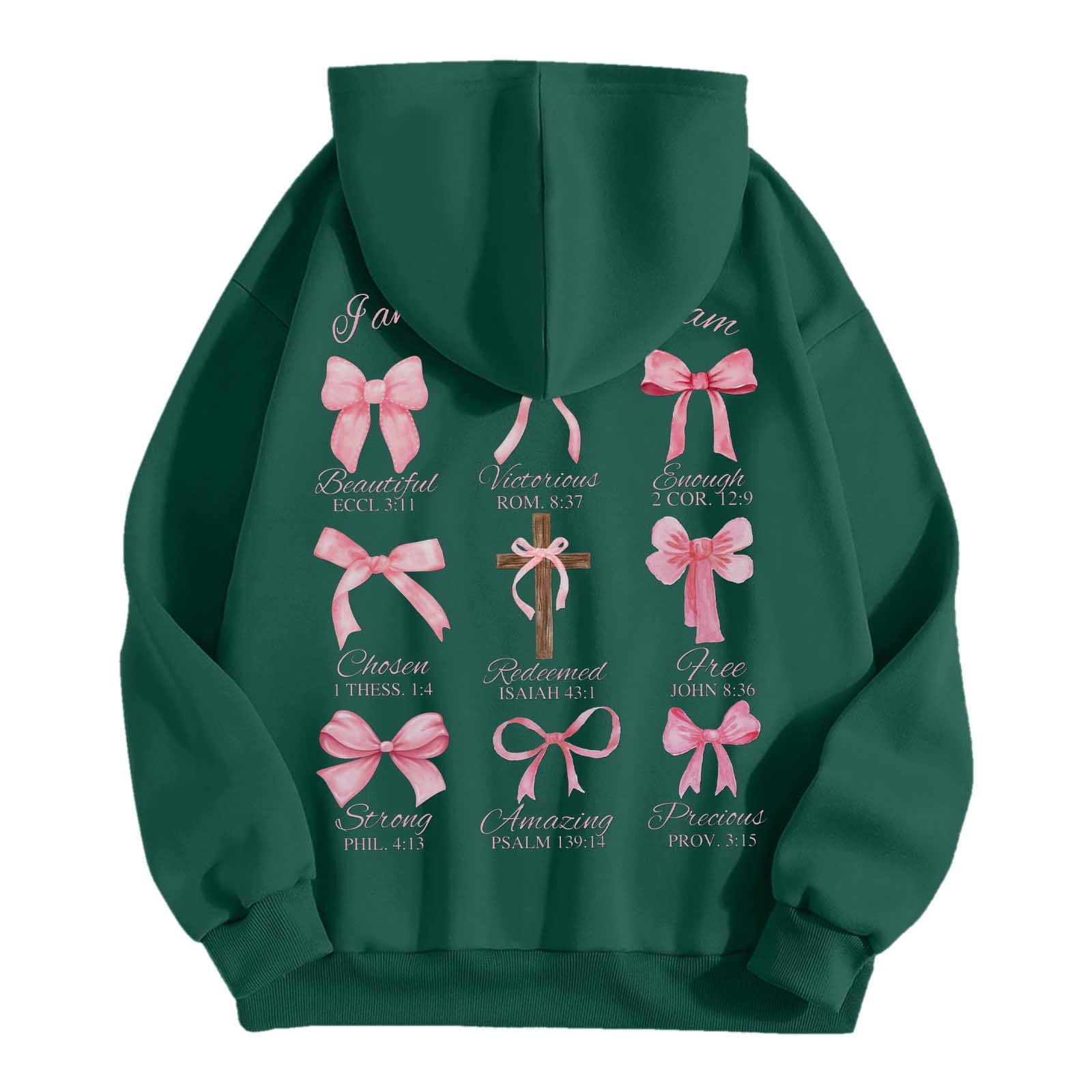 XIAOCHA Womens Hoodies Long Sleeve Cross Pink Bows Print Hooded Sweatshirts Loose Fit Kangaroo Pocket Drawstring Pullover Hooded