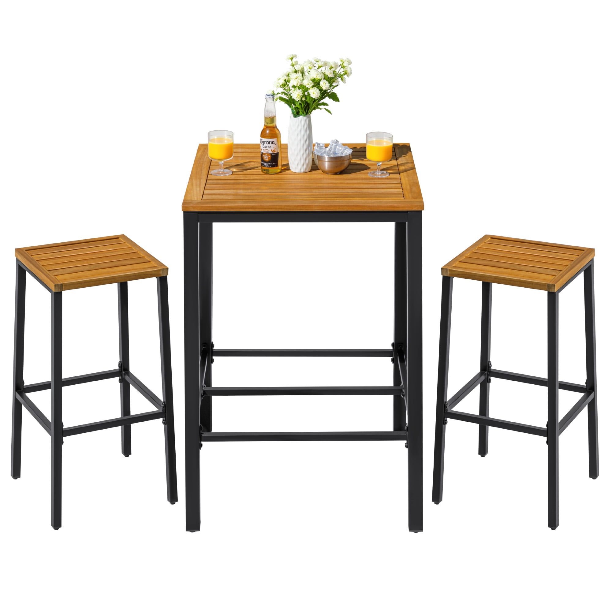 Devoko 3 Pieces Wood Patio Bar Set,Acacia Outdoor High Top Bar Stools with Table for Garden&Balcony