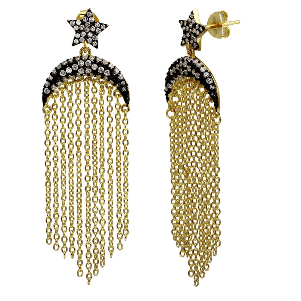 Clear Ciboc Zirconia Moon and Star Tassel Earrings Gold-Tone Plated Sterling Silver