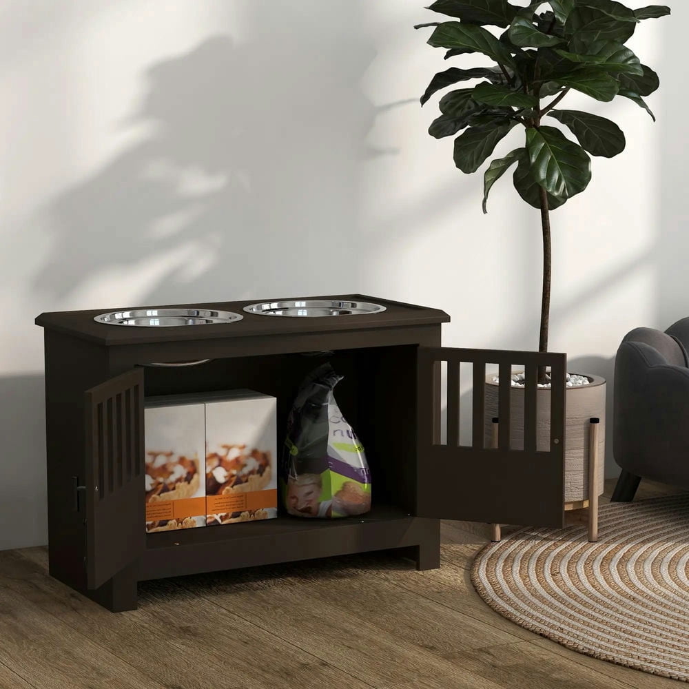 Barara King Pet Feeding Station, Dog Bowls, Dog Food Storage Cabinet with Bowls & Dog Feeding Station, Espresso