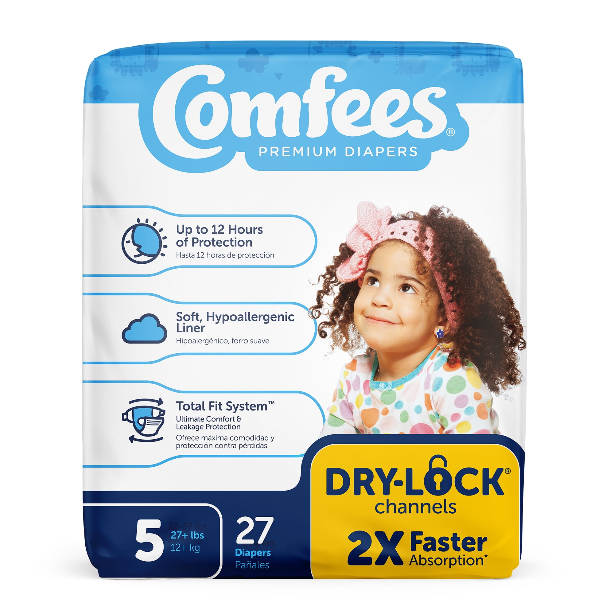 Comfees Baby Baby Diaper Size 5, 12 hour protection for 27 lbs. and over, 27 Count, 4 Packs, 108 Total