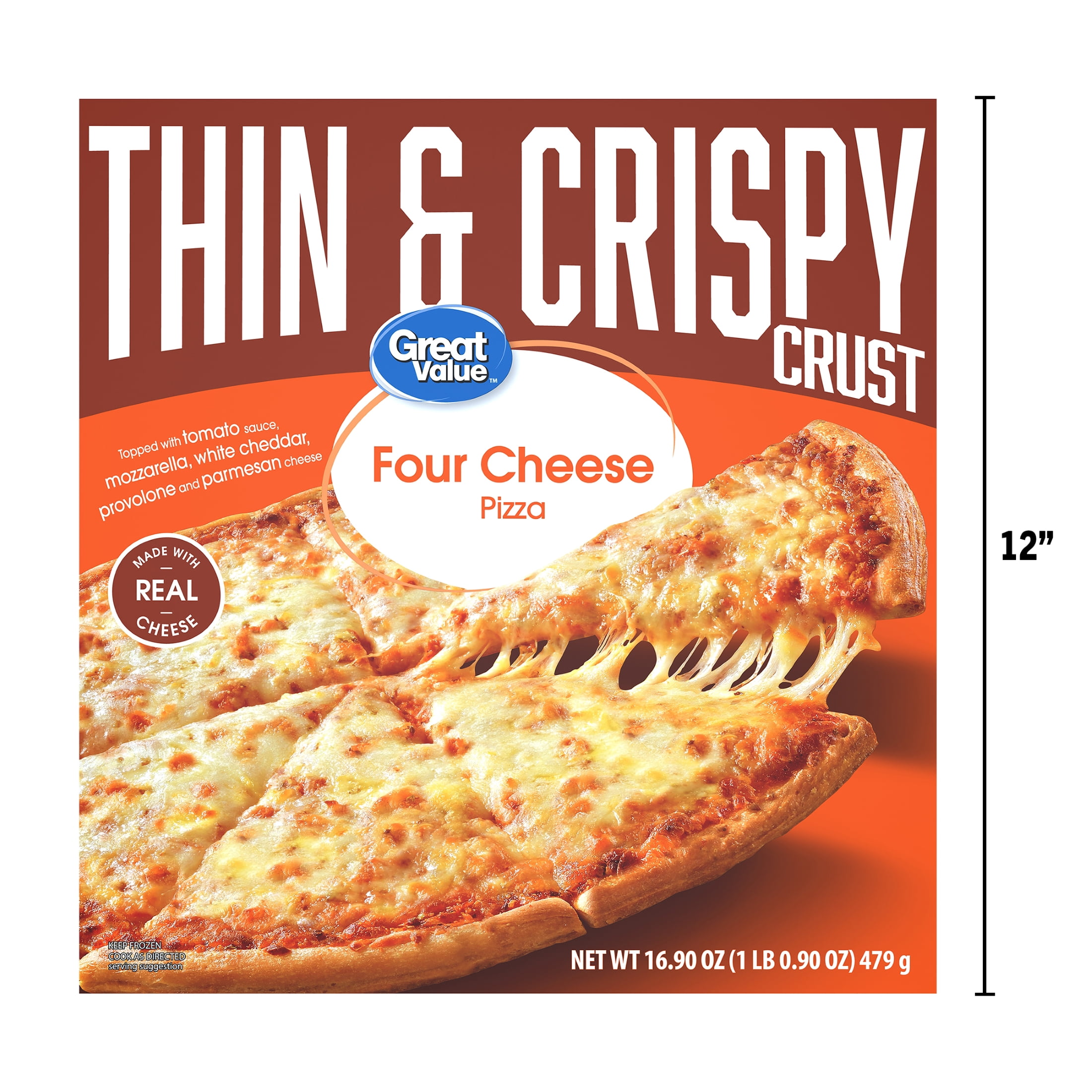 Great Value Thin Crust Four Cheese Pizza, Tomato Basil Garlic Sauce, 16.9 oz (Frozen)