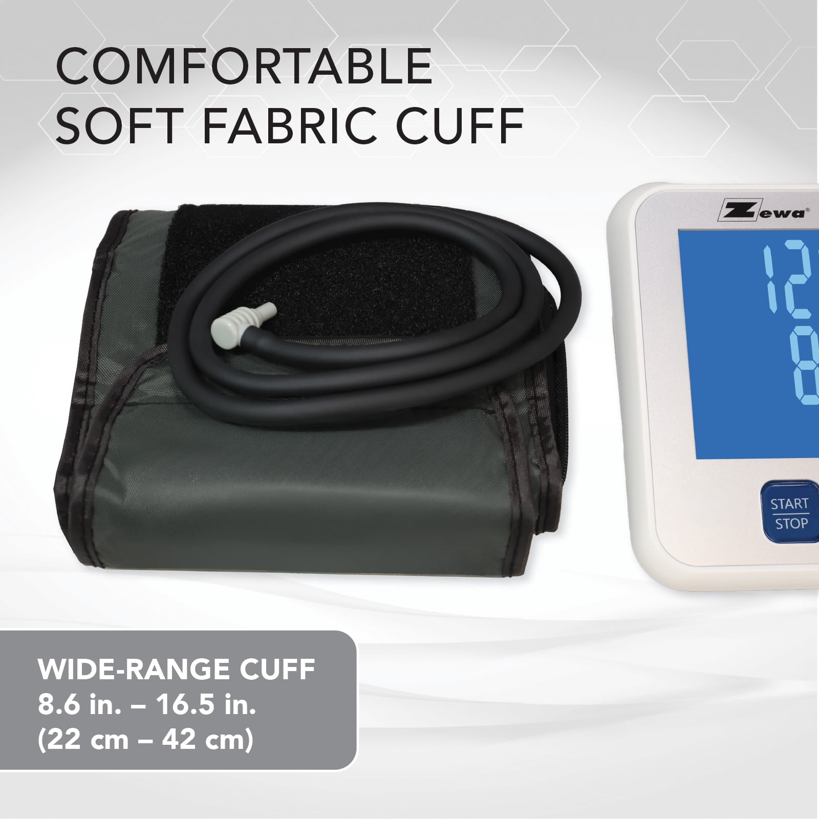 Zewa Bluetooth Arm Blood Pressure Monitor | 60-Reading Memory | Irregular Heartbeat Detection | Illuminated Display | Adjustable Cuff (8.7”-16.5”) | Includes Batteries