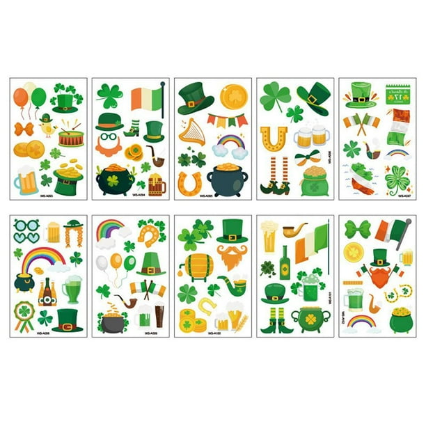 Pegatinas De Tatuaje De Fiesta De Carnaval Irlandés Día De San Patricio Impermeable Trébol Pegatina De Trébol Conjunto De Tatuajes Temporales 10 Hojas Serendint HA034569-00