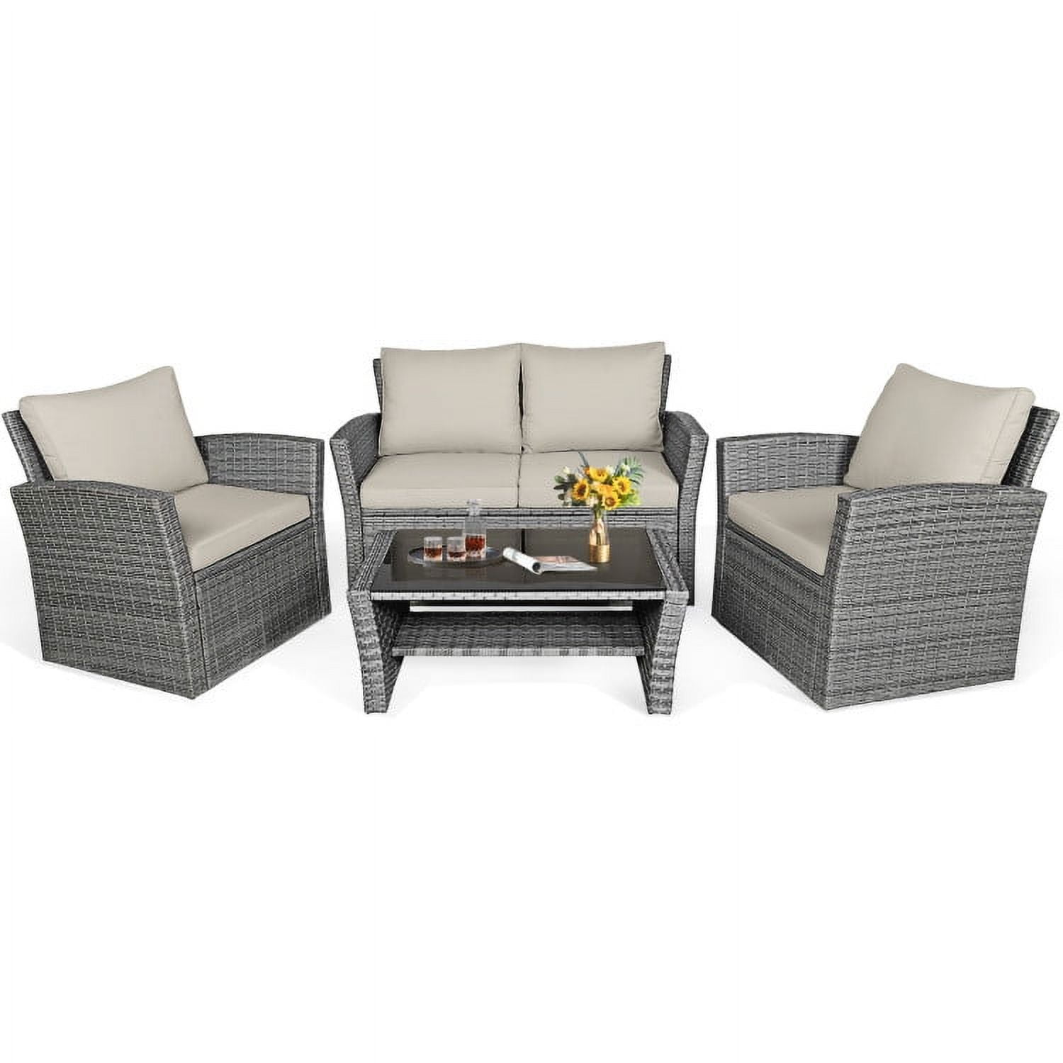 Aimee Lii 4 Pieces Wicker Patio Furniture Set Sofa Table with Storage Shelf Cushion, Modern Patio Furniture, Khaki Aimee Lii 4 Pieces Wicker Patio Furniture Set Sofa Table with Storage Shelf Cushion, Modern Patio Furniture, Khaki