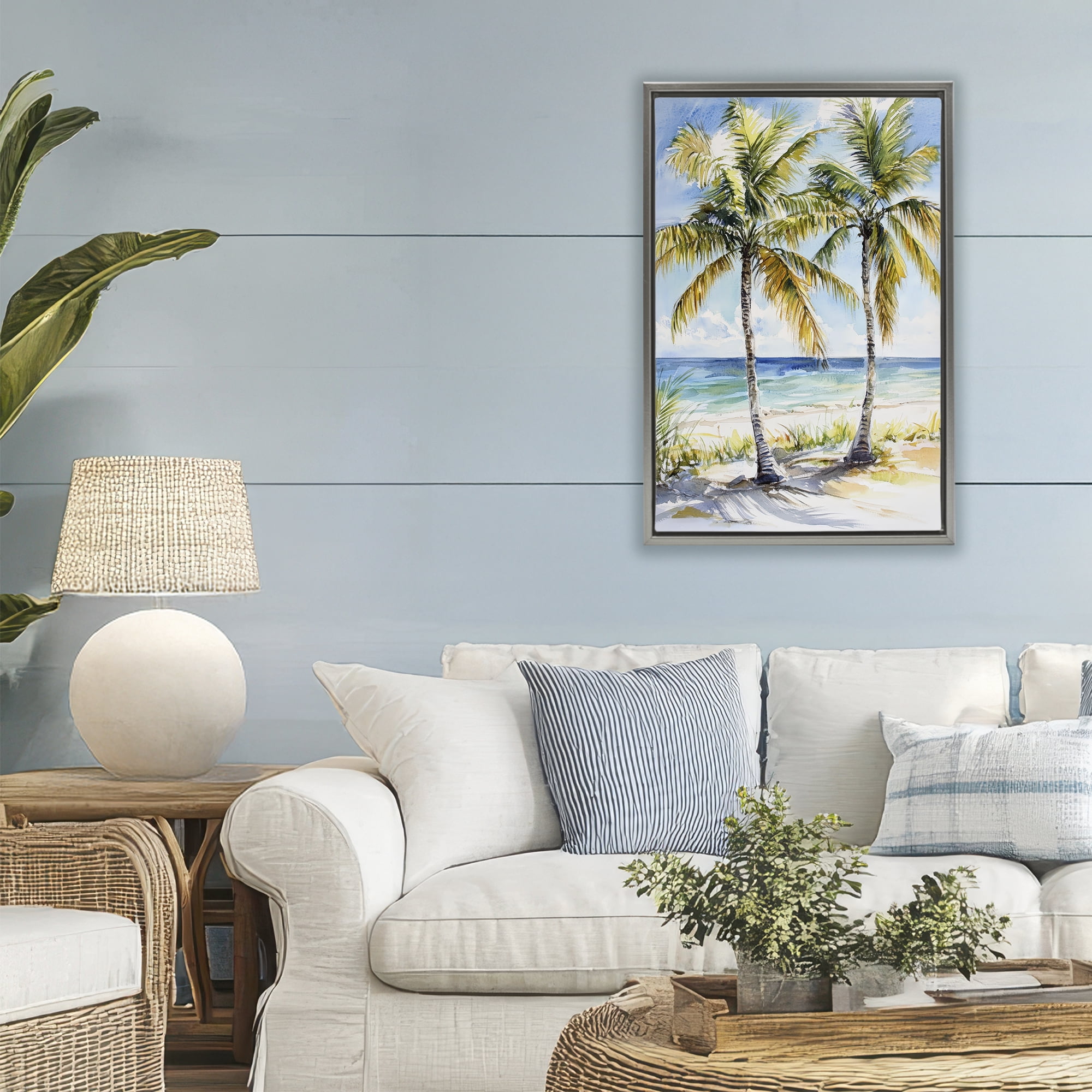 Stupell Industries Sandy Palms Duo Ocean View Gray Framed Floater Canvas Wall Art, design by Petal Prints Design
