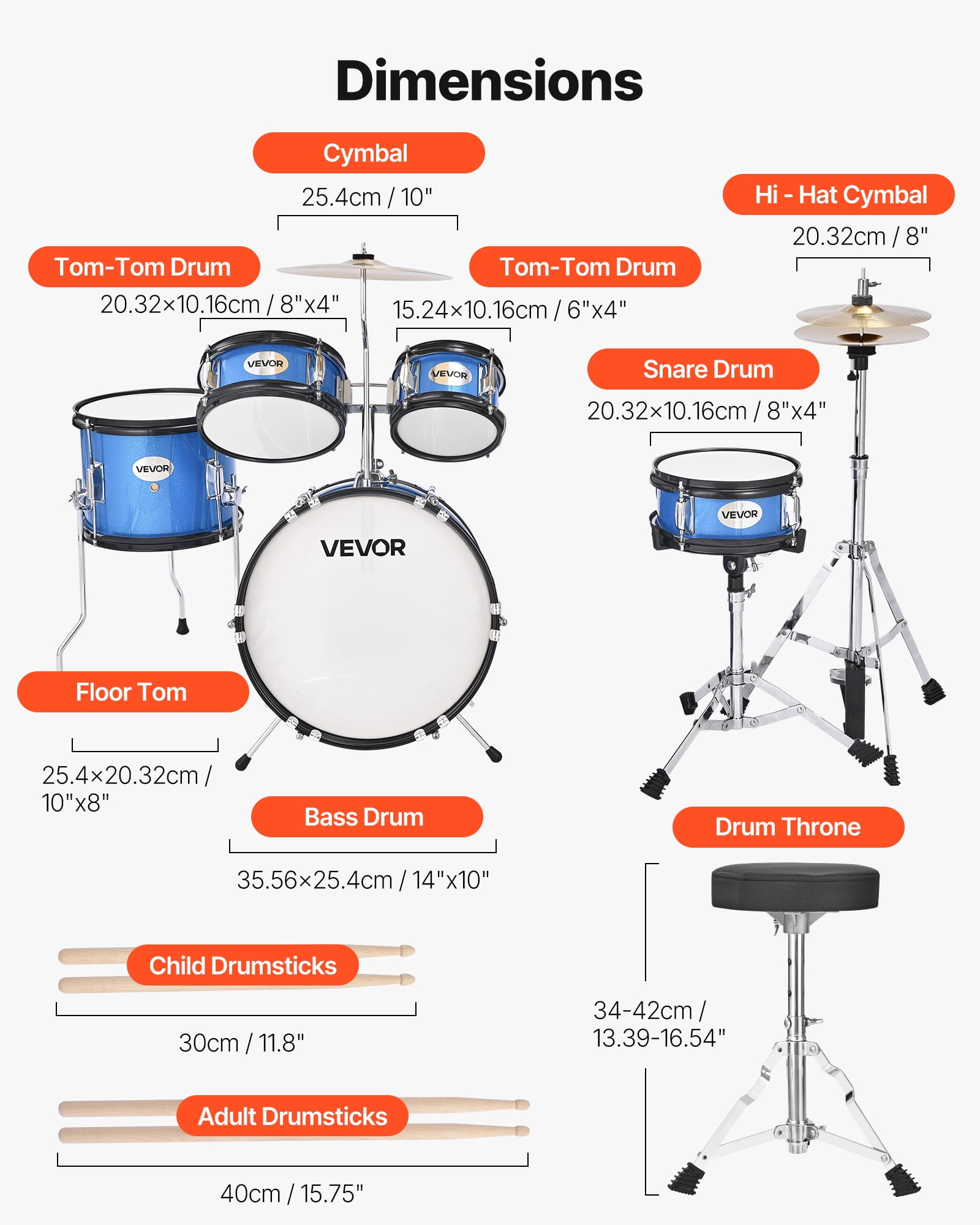 VEVOR Kids Drum Set, 5-Piece 14 in Junior Drum Sets, Beginner Drums Set with Adjustable Throne,Cymbal & Two Pairs of Drumsticks, Musical Learning Drums Instruments Kit,for Children Ages 6-13 (Blue)