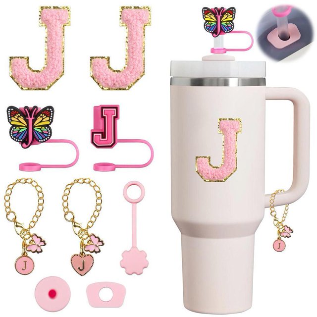 Set de accesorios con temática de la Copa Stanley rosa: 2 pajitas, 2 agitadores, 2 colgantes y 3 dispositivos antiderrames, compatible con accesorios de la Copa.
