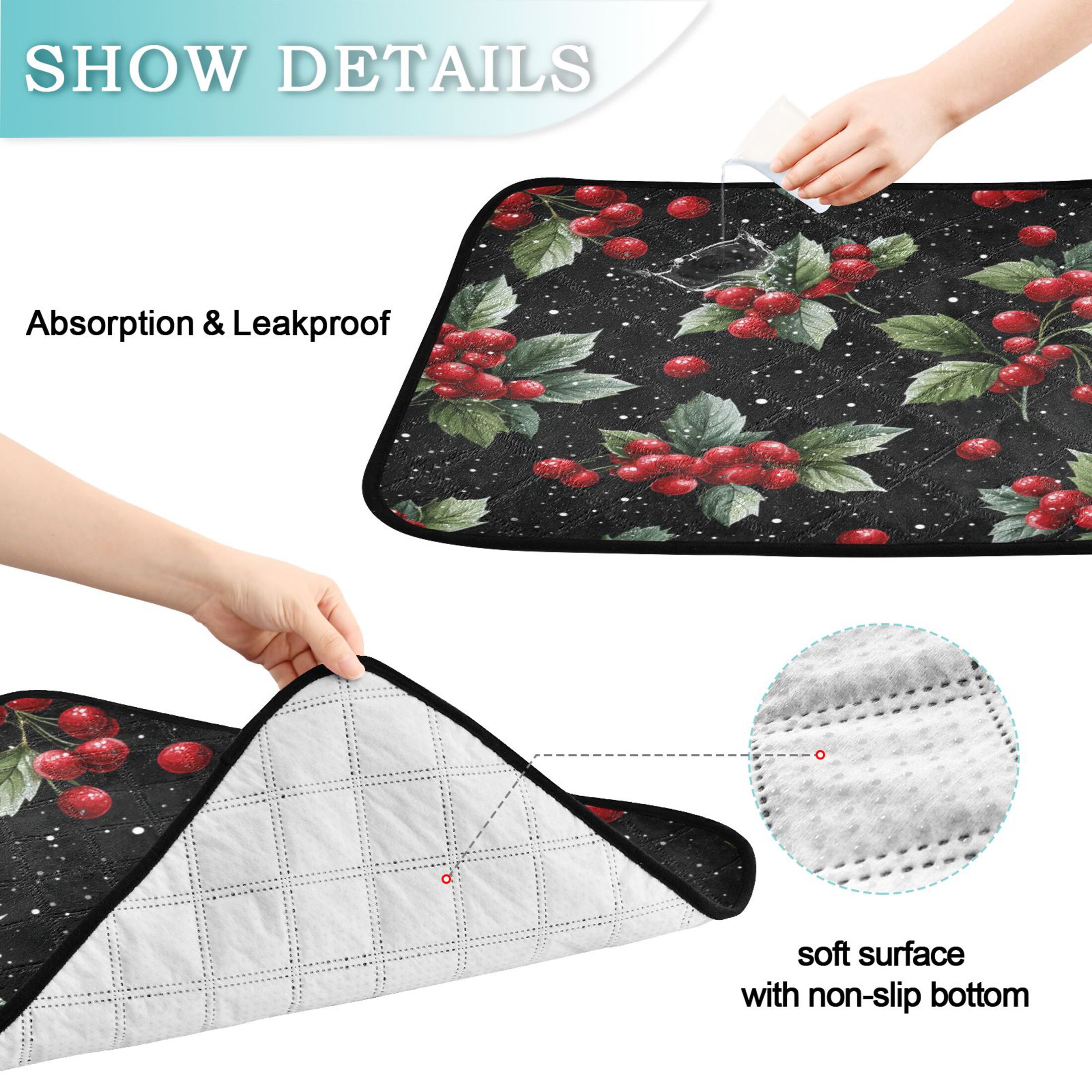Washable Pet Pee Pads with Super Absorbent Reusable Training Pads for Dogs & Cats Red Holly Berries Pattern