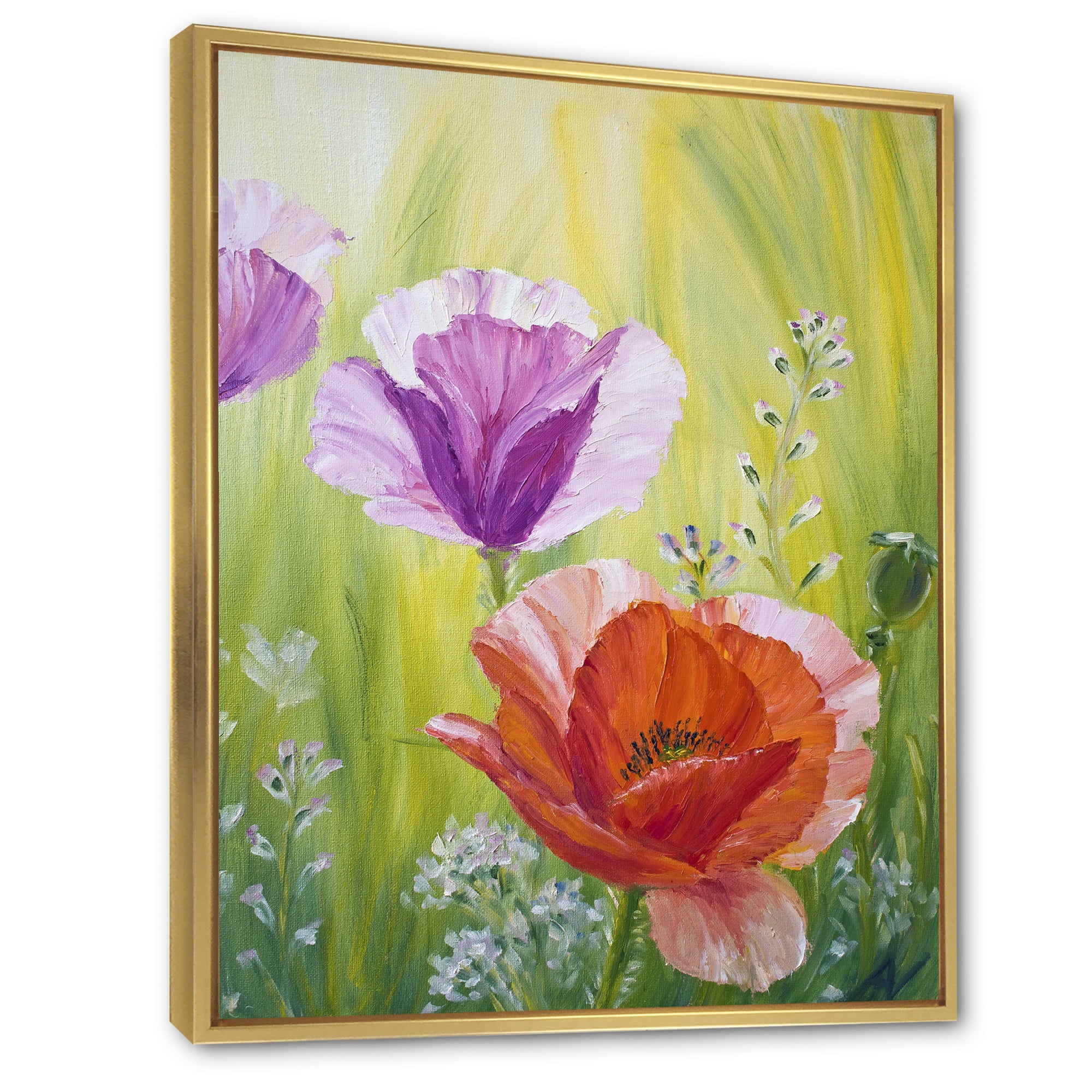 Designart 'Poppies In The Morning In Wild Green' Traditional Framed Canvas Wall Art Print