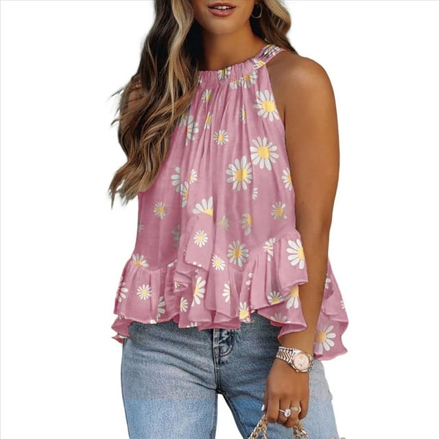 Blusa de Verano para Mujer, con Cuello Halter, Sin Mangas, Fruncida e Irregular, con Volantes Rosa S
