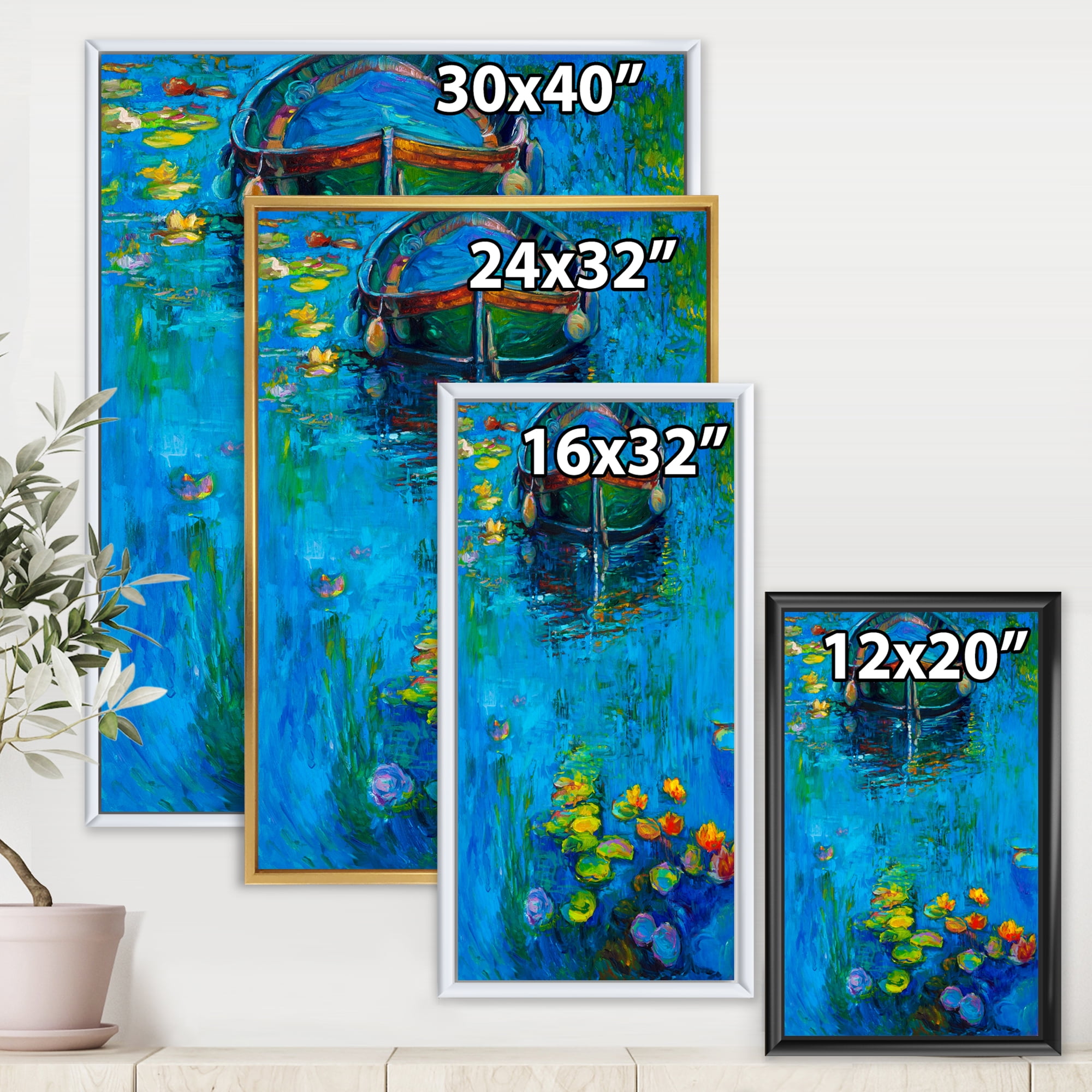 Boat In Blue Lake 12 in x 20 in Framed Painting Canvas Art Print