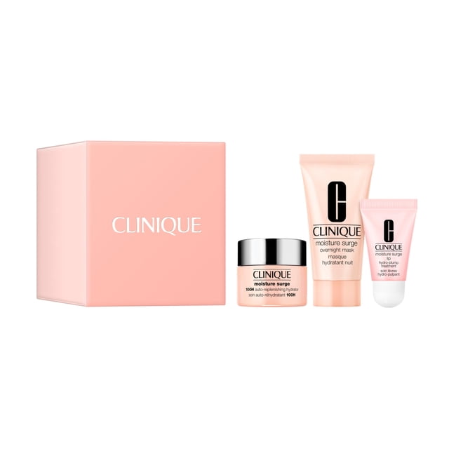 Set de héroes de hidratación de Clinique | Humectante Moisture Surge 100H, mascarilla nocturna Moisture Surge + tratamiento labial Moisture Surge | Hidratante + Brillo