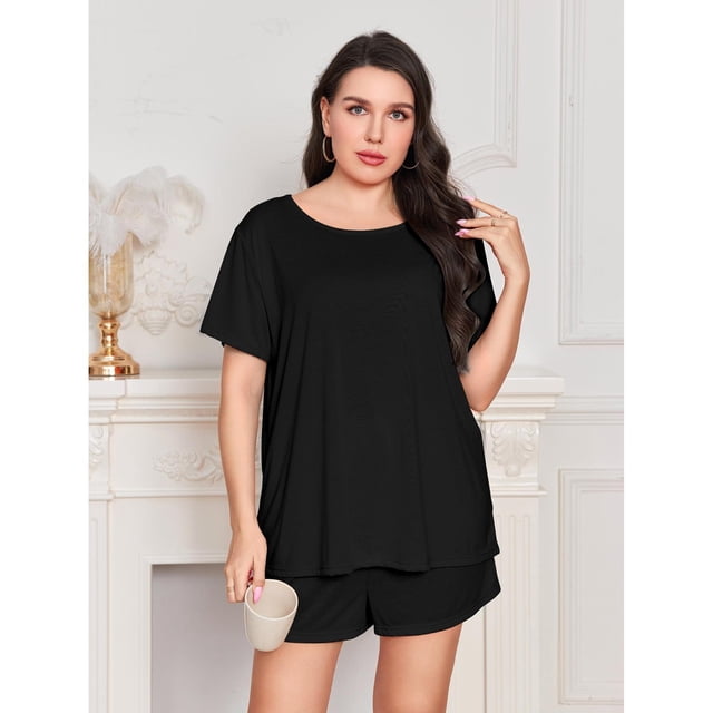 Pijamas de talla grande para mujer, de verano, para chica gordita, de color liso, holgados, informales, talla 5XL, pantalones cortos de manga corta, ropa de dos piezas para el hogar