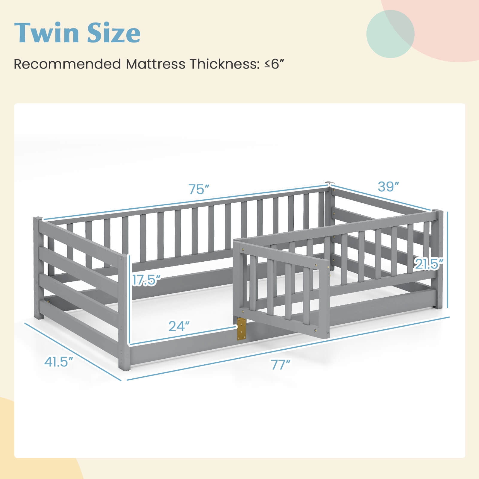 Infans Twin Size Floor Bed w/High Fence & Door Safety Guardrails Wood Floor Bed Frame