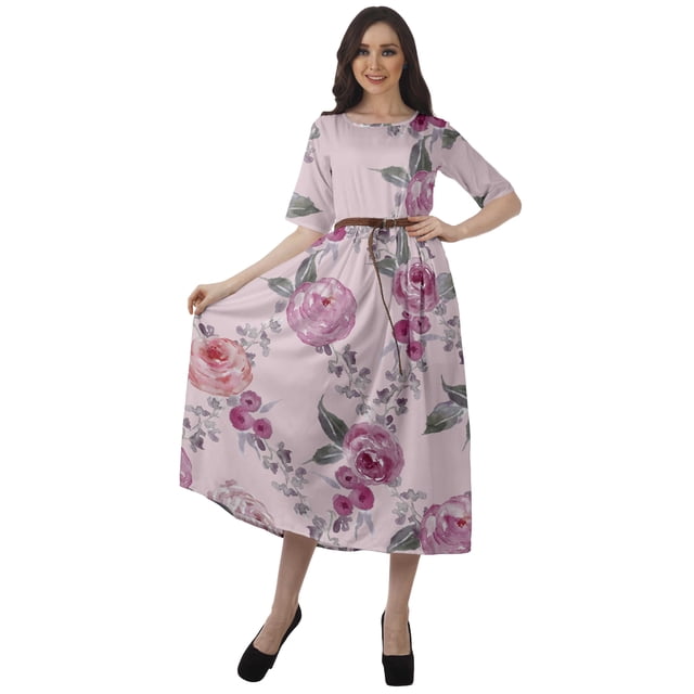 Moomaya Robe Midi à Encolure Dégagée, Robe Plissée pour Femmes, Robes Évasées Évasées Ligne A