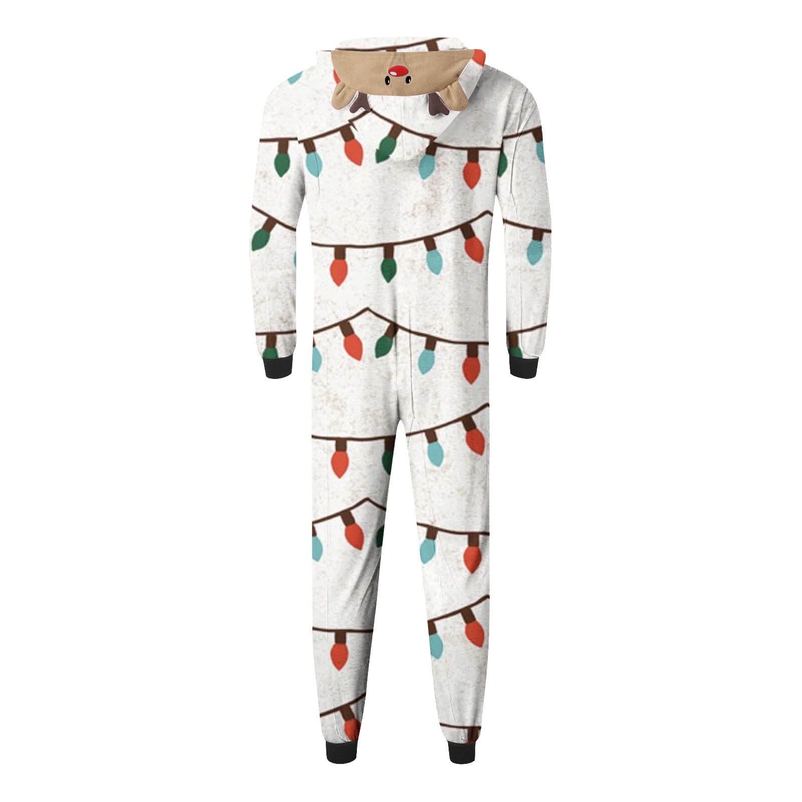 Odeerbi Matching Family Christmas Pajamas Sets Hooded Onesie Sleepwear Mens Xmas Light String Print Plush Jumpsuit Long Sleeve Family Parent-Child Wear Loungewear Sleepwear Jammies for Dad