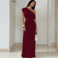 thumbnail image 4 of Burgundy Women One Shoulder Ruched Maxi Dress Asymmetrical Draped Neck Slim Fit Evening Party Gown, 4 of 5
