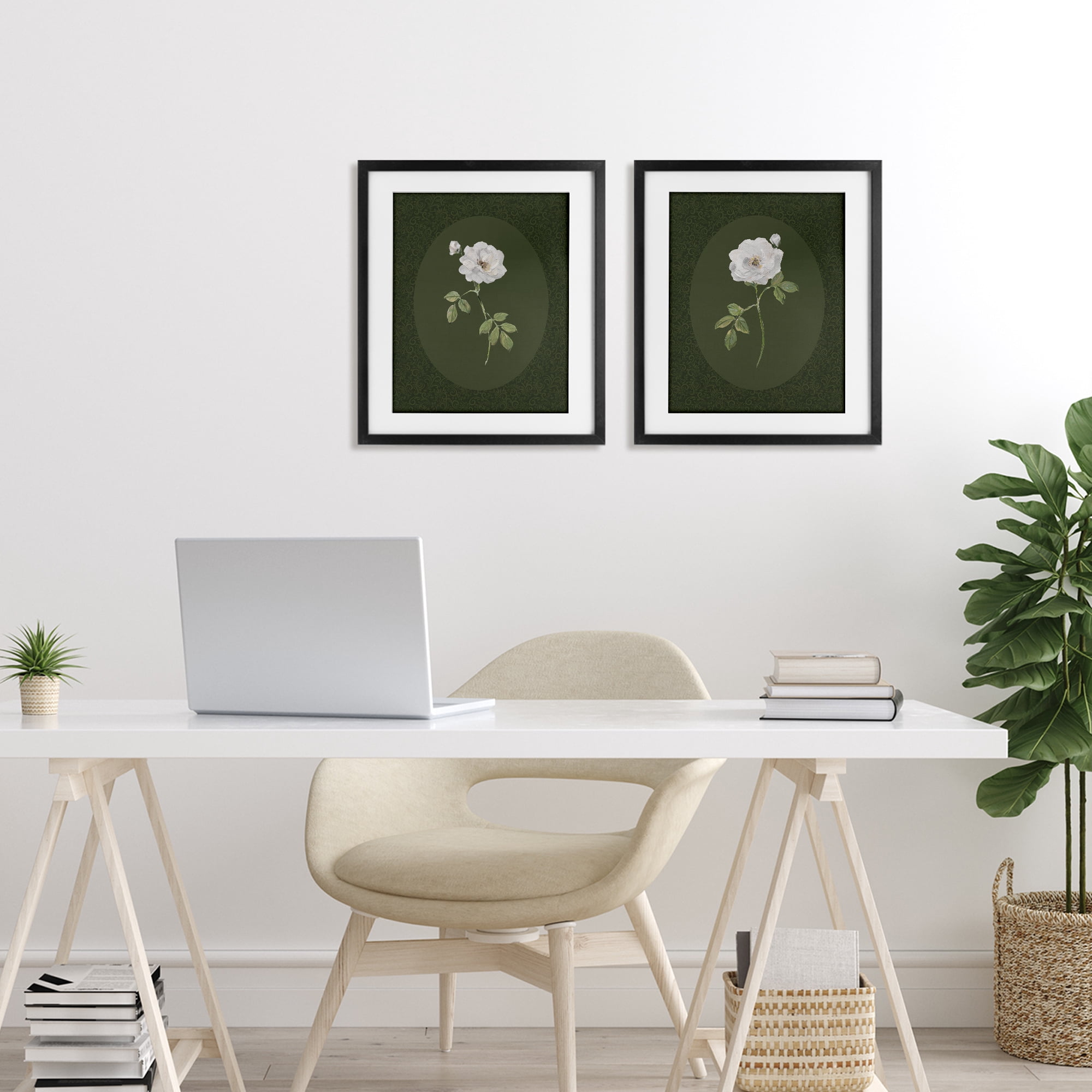 Stupell Industries Ornate Rose Studies over Emerald 2 Piece Black Framed Print Under Glass Set, design by Sally Swatland