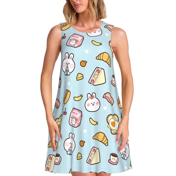 Vsdgher Robe d'Été à Imprimé Lapin Burger Café pour Femmes, Décontractée, Col en U, Robe de Plage Sans Manches, Débardeur Ample, Robe Soleil avec Poche