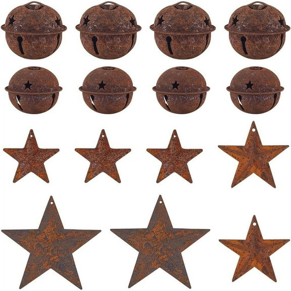 50Pcs 5 Styles Christmas Bell Set Rusty Metal Bells Vintage Iron Star Pendants Rustic Christmas Jingle Bells with Star Cutout Ornament for Christmas Tree Holiday Decor DIY Primitive Craft for diy