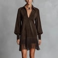 thumbnail image 6 of AUNVITO Women's Deep V Neck Long Sleeve Dress with Fringe Detail Vintage Loose Fit Solid Color Maxi Dress, 6 of 8