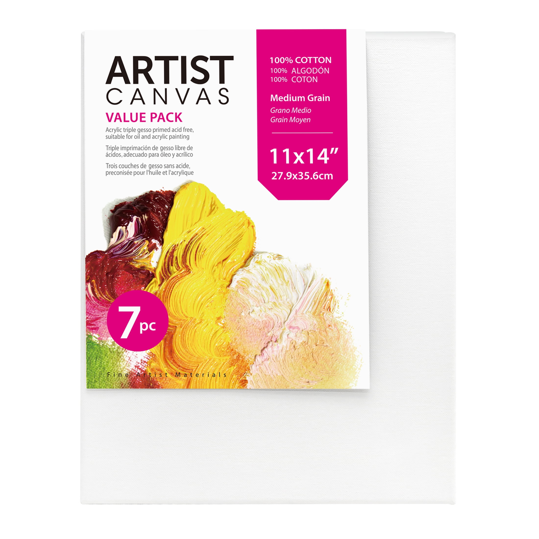 (2 pack) Studio Stretched Canvas, 11"X14", 7 Pack, 100% Cotton Acid Free, White, Academic Canvas, For All Skill Levels