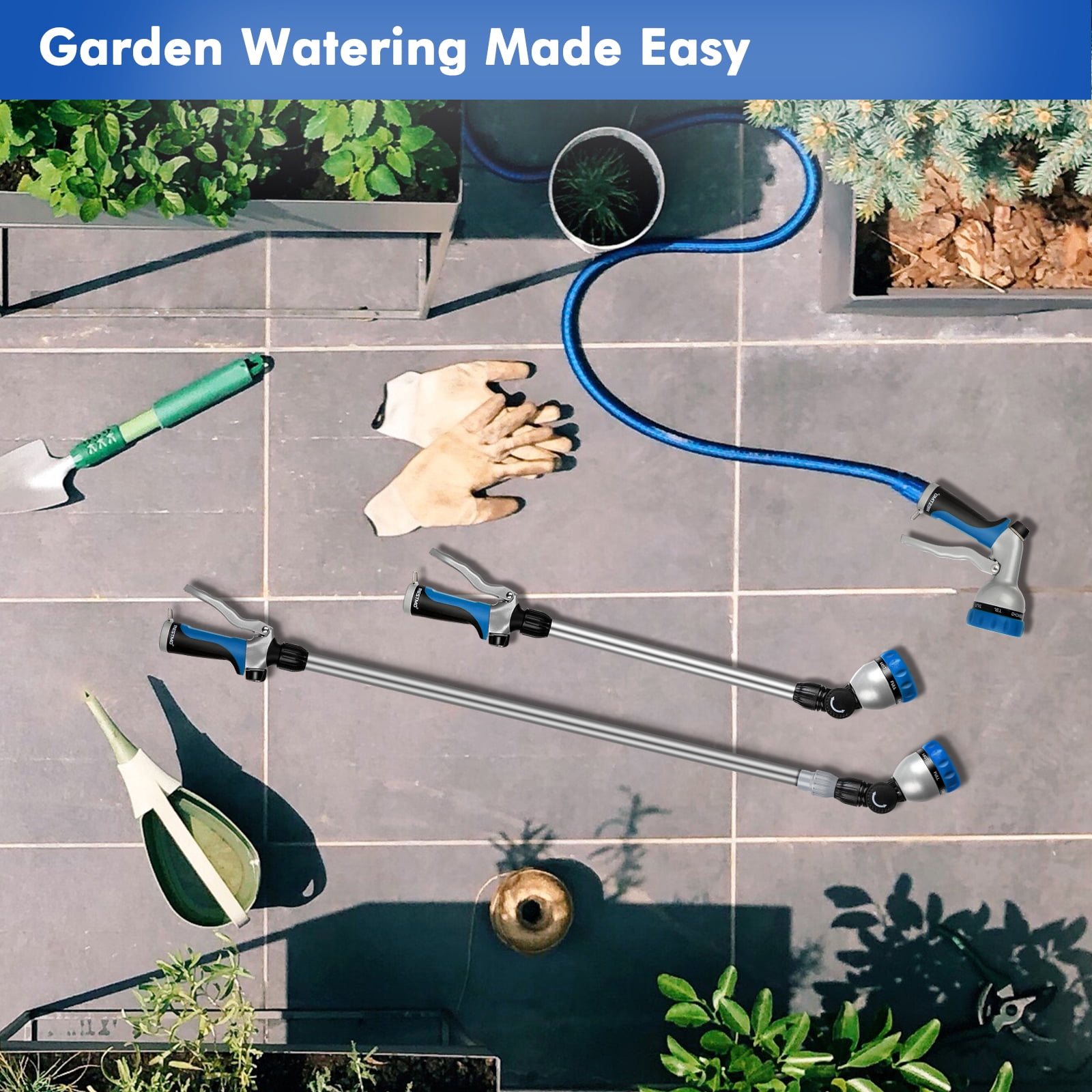 Restmo Telescopic Metal Watering Wand, 36-60 Inch Long Adjustable Tube with 180° Ratcheting Head, 7 Spray Patterns and Flow Control | Garden Hose Sprayer for Hanging Baskets, Shrubs, Lawn, Blue