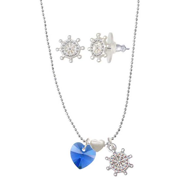 Delight Jewelry Blue Crystal Heart Captain S Ship Wheel Necklace And Stud Earrings Jewelry Set Walmart Com Walmart Com