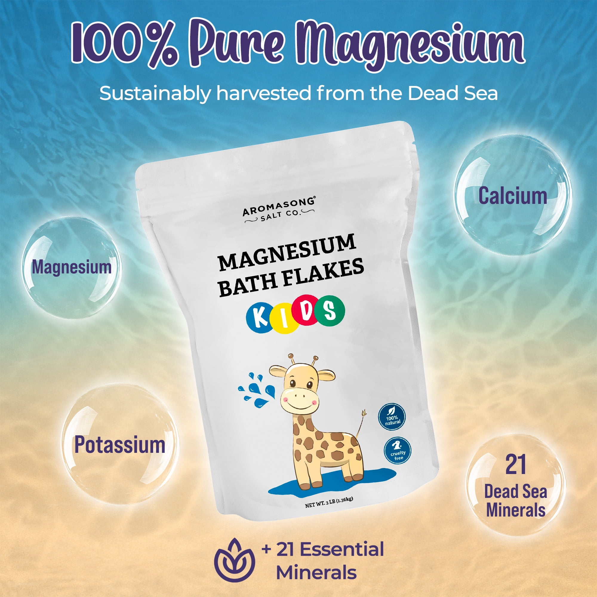 Aromasong Kids Magnesium Bath Flakes, Pure Dead Sea Salt Soothing Bedtime Soak, 3 lb