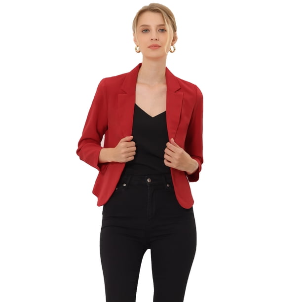 Chaqueta abierta de la chaqueta del traje de la cosecha del trabajo de la oficina del frente de las mujeres Rojo Sólido M