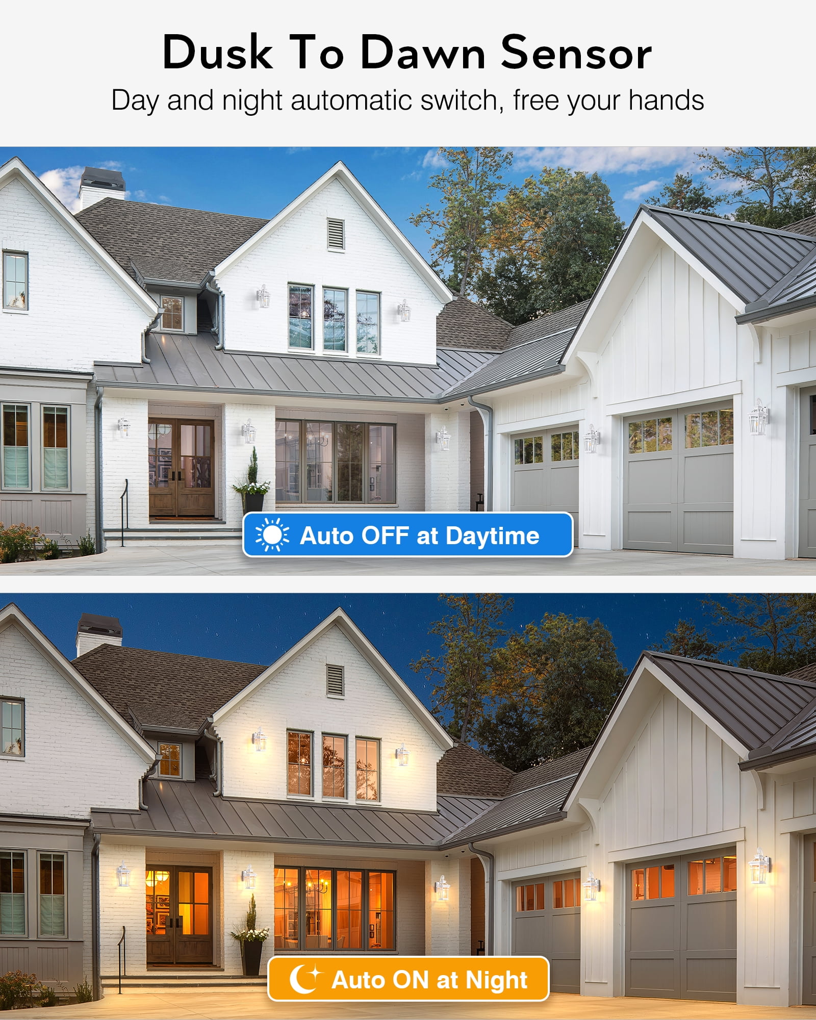 Dawn to Dusk Outdoor Light Fixture, White Front Porch Lights Wall Mount, Exterior Sconce Light with E26 Socket, Anti-Rust Coach Lights for Garage, Waterproof Outdoor Lighting for House, Patio